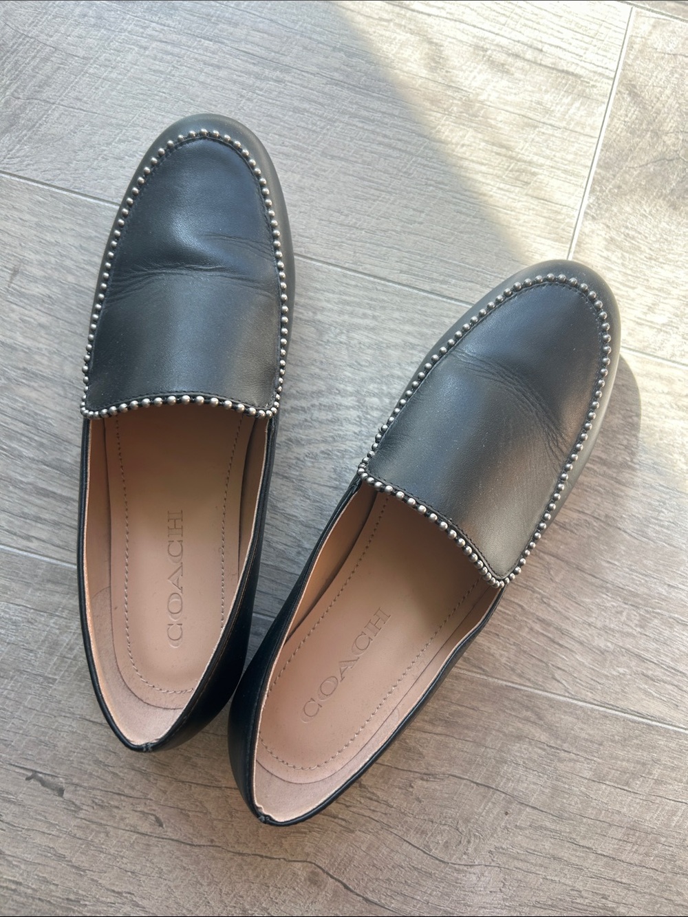 Coach Black Leather Stud-Trim Slip-On Loafers, 6 1/2 Women’s.